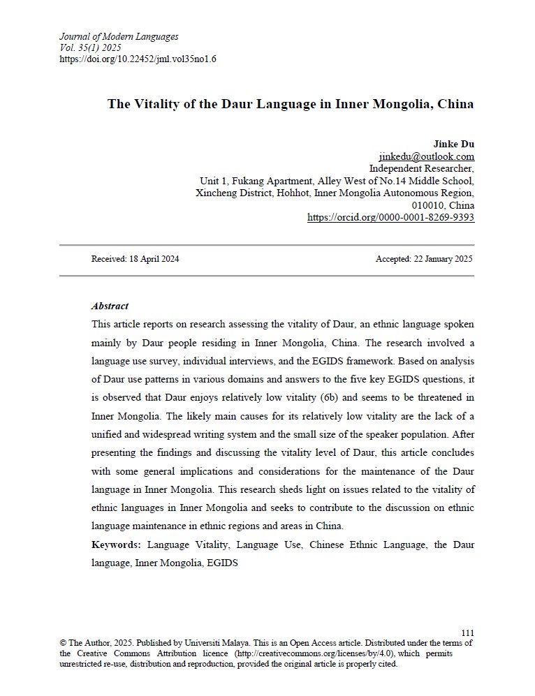 The Vitality of the Daur Language in Inner Mongolia, China