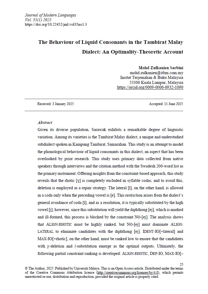 The Behaviour of Liquid Consonants in the Tambirat Malay Dialect: An Optimality-Theoretic Account