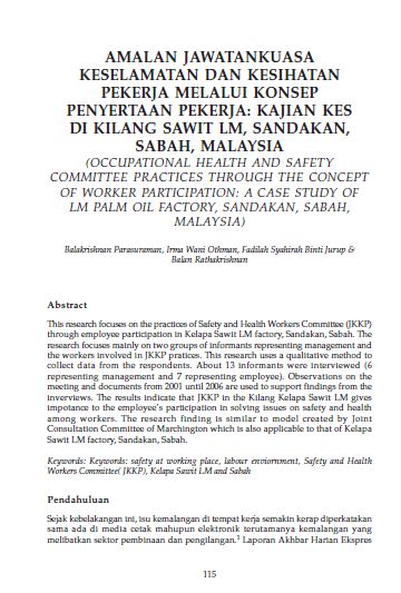 Amalan Jawatankuasa Keselamatan Dan Kesihatan Pekerja Melalui Konsep Penyertaan Pekerja Kajian Kes Di Kilang Sawit Lm Sandakan Sabah Malaysia Borneo Research Journal
